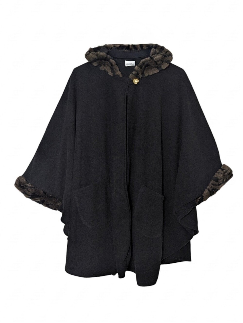 LeModa Black Faux Fur Trim Hooded Cape Wrap | One Size